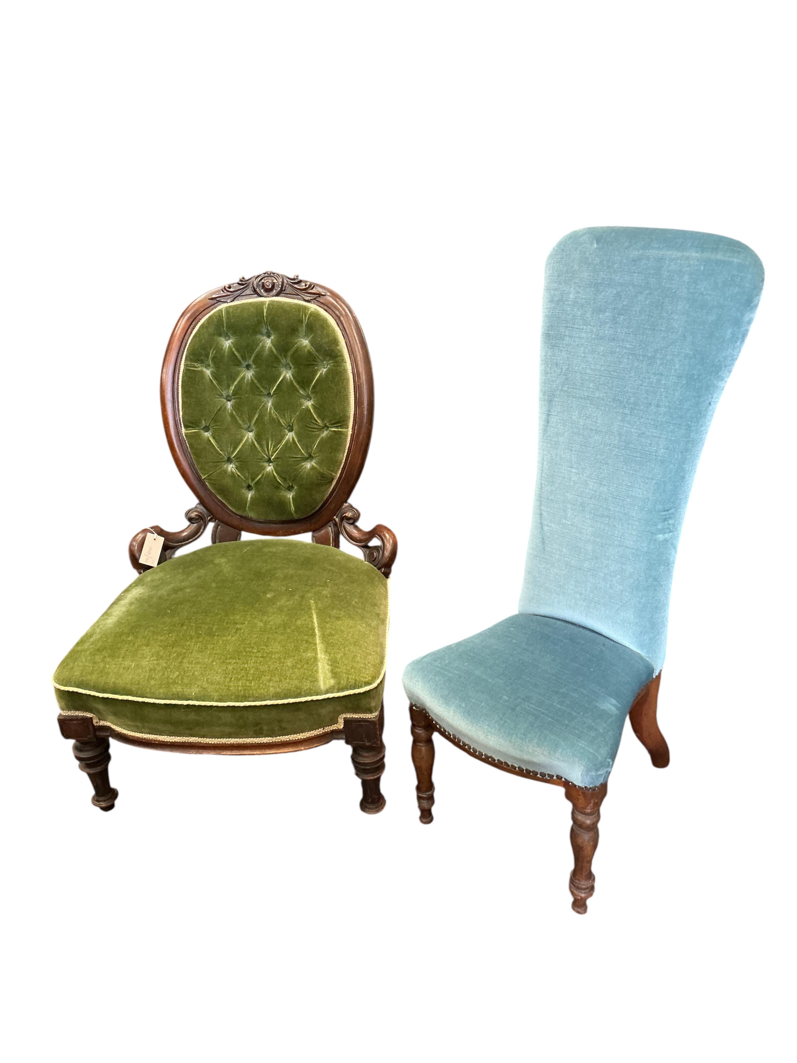 A Victorian upholstered mahogany nursing chair together with a Victorian prie dieu chair